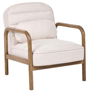 Kreslo svetlobéžové látkové čalúnenie drevený rám s vankúšom mid-century modern štýl obývacia izba