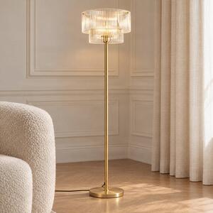Lucande Stojacia lampa Meritt, mosadz/číre sklo, výška 160 cm, sklo, Mosadz / zlato, Obývacia izba / jedáleň, Sklo, Moderný, Stojaca lampa