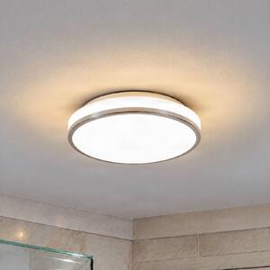 Lindby stropné LED svetlo Lyss, Ø 28 cm, chrómová farba, IP44, Biela / opálová, Kúpeľňa, Sklo, Moderný, Závesné svietidlo