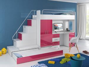 Detská posteľ s písacím stolom RENI 5 - 80x200, biela / ružová