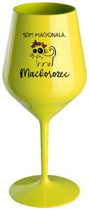 Žltý nerozbitný pohár na víno 470 ml - SOM MAČKONALÁ. MAČKOROŽEC