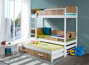TERRA 3 v kombinácii s nábytkovou doskou masívne drevo trojlôžková poschodová posteľ s úložným priestorom na posteľnú bielizeň180x80cm