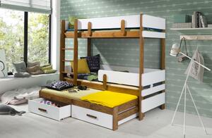 LEILA 3 v kombinácii s nábytkovou doskou masívne drevo trojlôžková poschodová posteľ s úložným priestorom na posteľnú bielizeň180x80cm