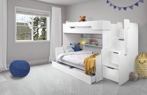 HARRY laminátová nábytková doska Poschodová detská posteľ so vstavanou policou a so zásuvkovým úložným priestorom, s úložným priestorom na posteľnú bielizeňspodné lôžko 120x200cm, horné lôžko 90x200cm
