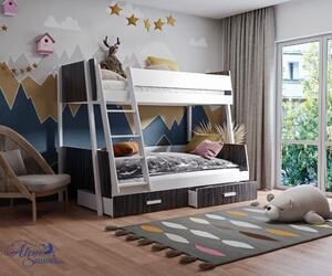 MORI v kombinácii s nábytkovou doskou masívne drevo Poschodová detská posteľ s úložným priestorom na posteľnú bielizeňspodné lôžko 120x200cm, horné lôžko 90x200cm