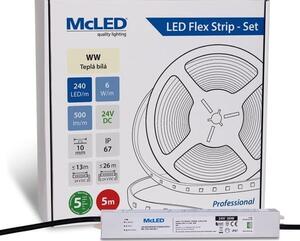 McLED LED páska - sada 5 m, 240 LED/m, WW, 6 W/m, DC 24V, 500 lm/m, CRI90, IP67, 10 mm, vodič 3 m ML-126.034.90.S05001