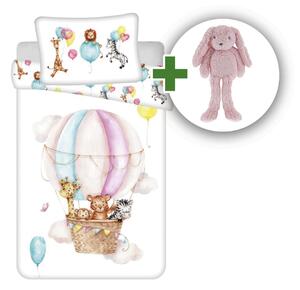 Súprava obliečok do postieľky Zvieratká "Flying balloon" + zajačik plyšový ružový