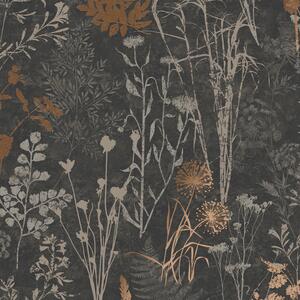 Čierna vliesová tapeta na stenu, kvety, listy, 120718, Vavex 2025