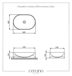 CERANO - Umývadlo na dosku z liateho mramoru Lukas - biela lesklá - 60x40 cm