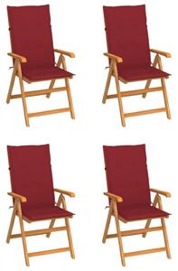 Záhradné stoličky 4 ks, vínovo červené podložky, tíkový masív