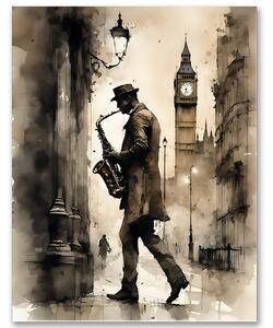 Saxofonista v uličkách Londýna – umelecký obraz s Big Benom 30x40cm