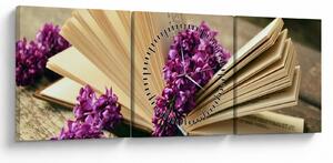 Obraz knihy a fialovej kvetiny (s hodinami) (90x30 cm)