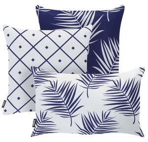 Sada 3 vonkajších dekoratívnych vankúšov biela tmavomodrá polyester moderný štýl záhrada exteriér