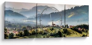 Obraz - dedinka v hmle (s hodinami) (90x30 cm)