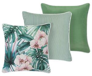Sada 3 vonkajších dekoratívnych vankúšov zelená polyester 45 x 45 cm štvorcový tvar moderný cottage štýl záhrada exteriér