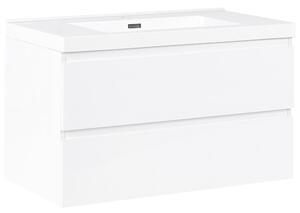 Závesná kúpeľňová skrinka na stenu biela MDF 90 x 50 cm s 2 zásuvkami a umývadlom