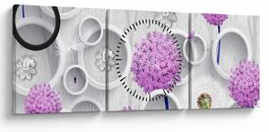 Obraz 3D abstrakcie s kruhmi a kvetinami (s hodinami) (90x30 cm)