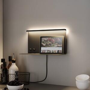 Paulmann LED nástenné svetlo Jarina čierna 35 cm odkladací priestor USB port, Čierna, Spálňa, kov, Moderný, Nástenné svietidlo