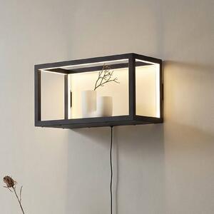 Lindby LED nástenné svetlo Birta, zástrčka, polica, 51 cm, USB, Čierna, Obývacia izba / jedáleň, kov, Moderný, Nástenné svietidlo