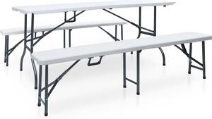 Maison Exclusive – Skladací záhradný stôl s 2 lavičkami, 180 cm, oceľ a HDPE, biela farba