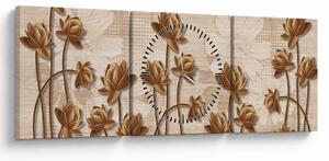 Obraz abstraktných kvetín - hnedá (s hodinami) (90x30 cm)