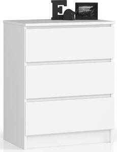 Komoda s tromi zásuvkami 77 cm vysoká a 60 cm široká, obývacia izba, spálňa, predsieň, skriňa, príborník, vysoká doska, veľa úložného priestoru, biela