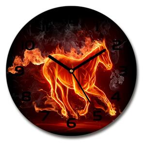 Sklenené hodiny okrúhle Kôň v plameňoch