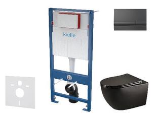 Kielle Genesis - Set predstenovej inštalácie, klozetu Gaia, dosky softclose a tlačidla Gemini I, lesklá čierna 30505SS46