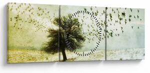 Obraz - Maľovaný kŕdeľ vtákov (s hodinami) (90x30 cm)