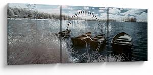 Obraz - Drevené loďky na jazere (s hodinami) (90x30 cm)