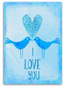 Obraz na plátne Dvaja vtáci na modrom pozadí s nápisom I Love You - Andrea Haase Rozmery: 40 x 60 cm
