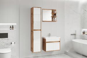 Stena do kúpeľne so zrkadlom BRAZORIA - dub wotan / lesklá biela + umývadlo ZDARMA