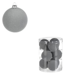Vianočné plastové gule, zamatové, šedivá farba. Cena za 1 box/9ks