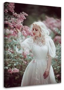 Obraz na plátne Krásna blondínka v kvitnúcej vintage fialovej záhrade - Maryna Khomenko Rozmery: 40 x 60 cm