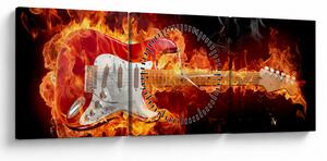 Obraz - Gitara v plameňoch (s hodinami) (90x30 cm)