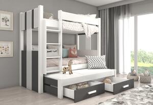 Detská poschodová posteľ TEMA + 3x matrac, 80x180, biela/sivá