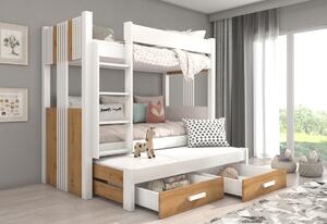 Detská poschodová posteľ ARTEMA + 3x matrac, 90x200, biela/dub artisan