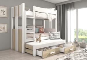 Detská poschodová posteľ ARTEMA + 3x matrac, 80x180, biela/dub artisan