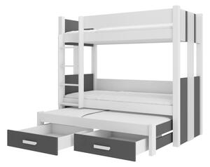 Detská poschodová posteľ TEMA + 3x matrac, 80x180, biela/antracit