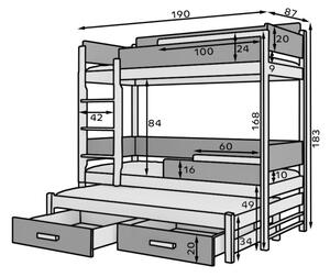 Detská poschodová posteľ QUEEN + 3x matrac, 90x200, borovica/biela