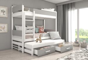 Detská poschodová posteľ QUEEN + 3x matrac, 90x200, biela/sivá