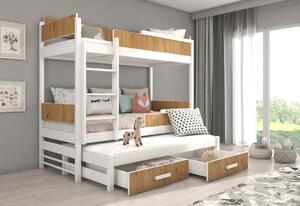 Detská poschodová posteľ KING + 3x matrac, 90x200, biela/dub artisan