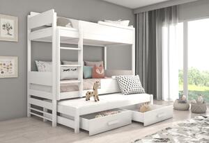 Detská poschodová posteľ KING + 3x matrac, 80x180, biela
