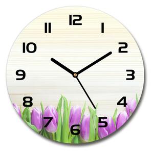Sklenené hodiny okrúhle Fialové tulipány