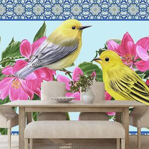 Tapeta vtáčiky a kvety vo vintage prevedení - 300x200