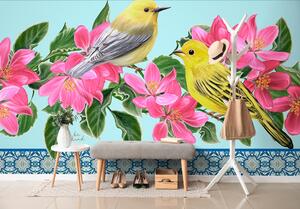 Tapeta vtáčiky a kvety vo vintage prevedení