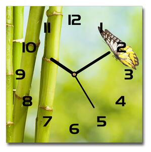 Sklenené hodiny štvorec Bambus a motýľ