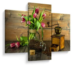 Obraz - tulipány, mlynček a káva (90x60 cm)