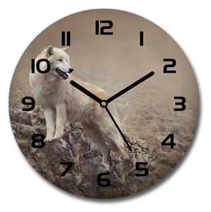 Sklenené hodiny okrúhle Biely vlk na skale