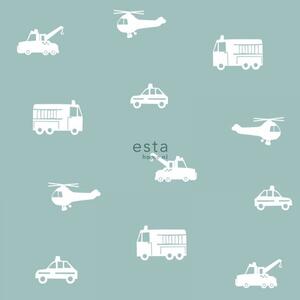 ESTAhome Tapeta Cars, fire trucks, helicopters and cranes grayed vintage blue